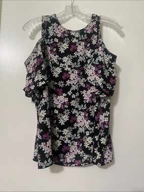 Express Black Cold-Shoulder Floral Blouse with Purple & White Flowers